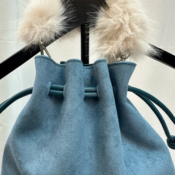 Anthropologie Blue Suede Crossbody Bag with Faux Fur Trim NWTS - Picture 2 of 7